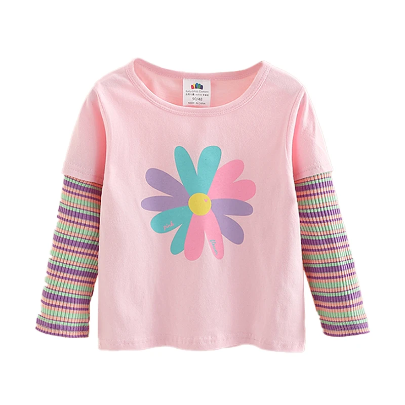 2024 Spring Autumn Fashion 2 3 4 5 6 7 8 910 Years Cute Cotton Striped Color Patchwork Cartoon Basic T-Shirt For Kids Baby Girls