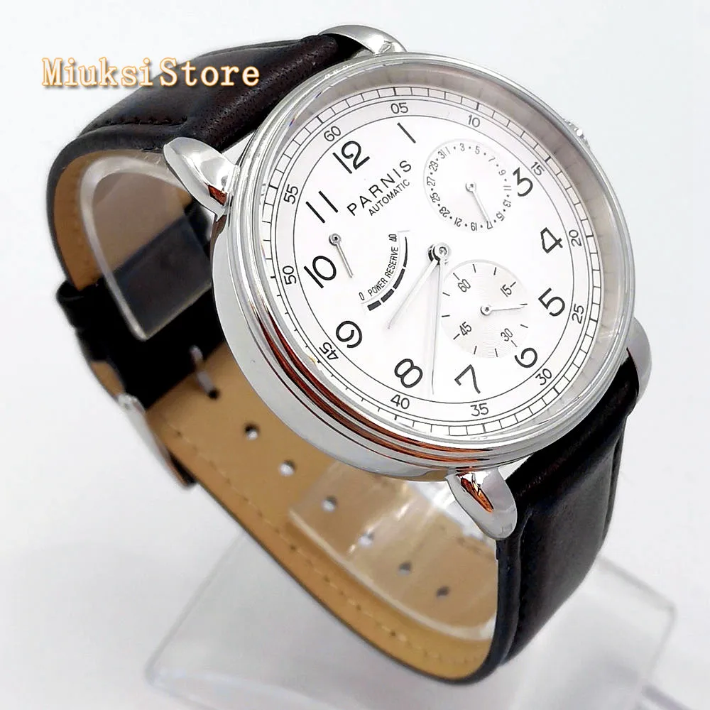 New Parnis 42mm silver watch case date leather automatic movement men\'s luxury mechanical watch