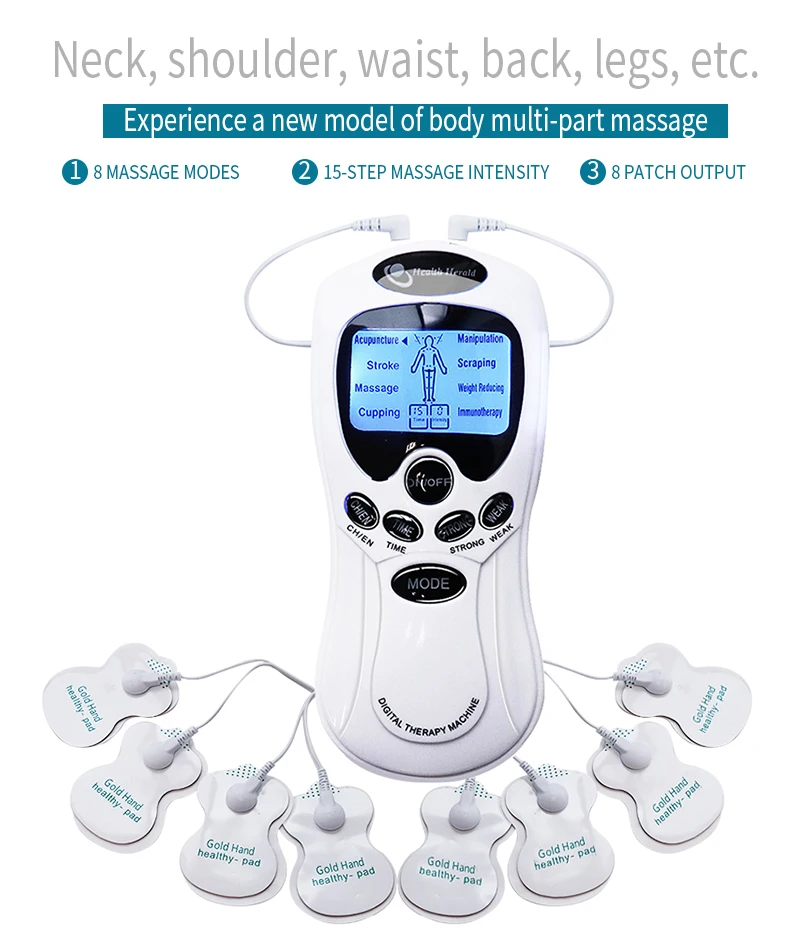 Puls-TENS-Akupunktur Elektrische Körpermassage 8 Modi Digitales Massagegerät 4 Pads Elektrischer Muskelstimulator Ganzkörper-Entspannung – Detail 12