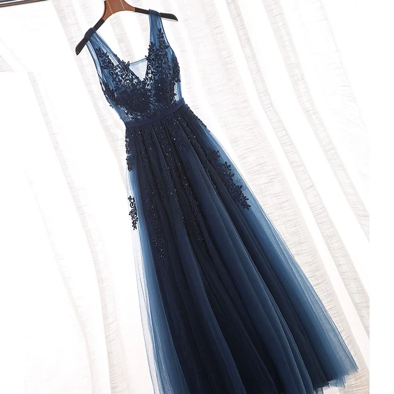 V Neck Cap Sleeve Vintage Lace Appliques Beaded Navy Blue Bridesmaid Dresses Women Formal Party Gowns Vestido De Festa