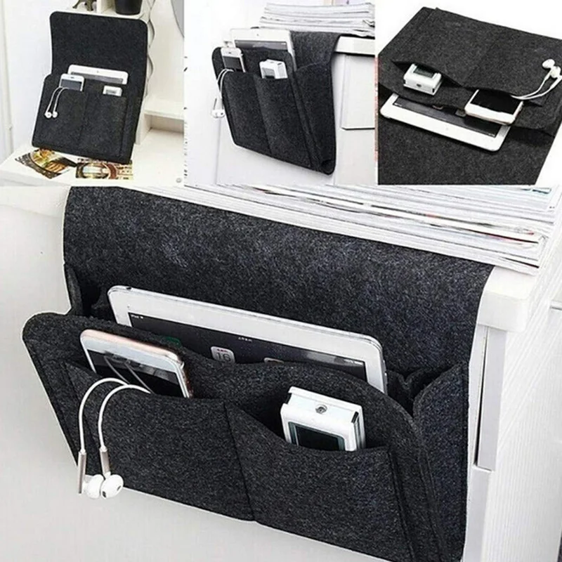Filz-Nachttisch-Organizer, rutschfester Sofa-Seiten-Aufbewahrungsbehälter mit Fernbedienungshalter und Taschen für Schlafzimmer und Wohnzimmer – Detail 3
