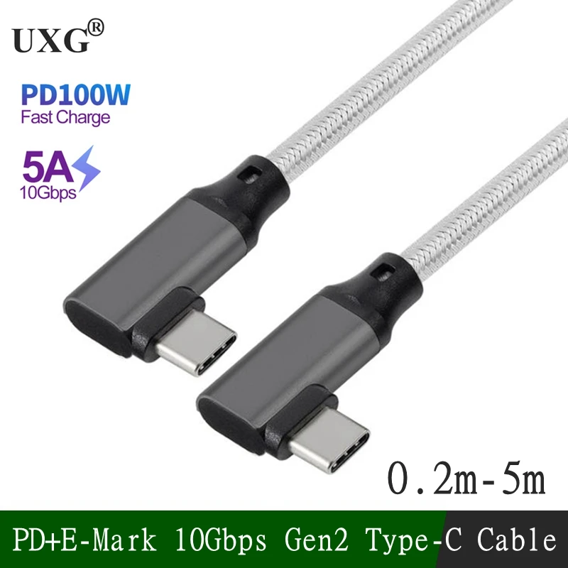 20Gbps Gen2 Type-C USB 3.1 Male To USB-C Double Elbow Male Extension Data 100W 5A Charging Cable Extender Cord Reversible Design