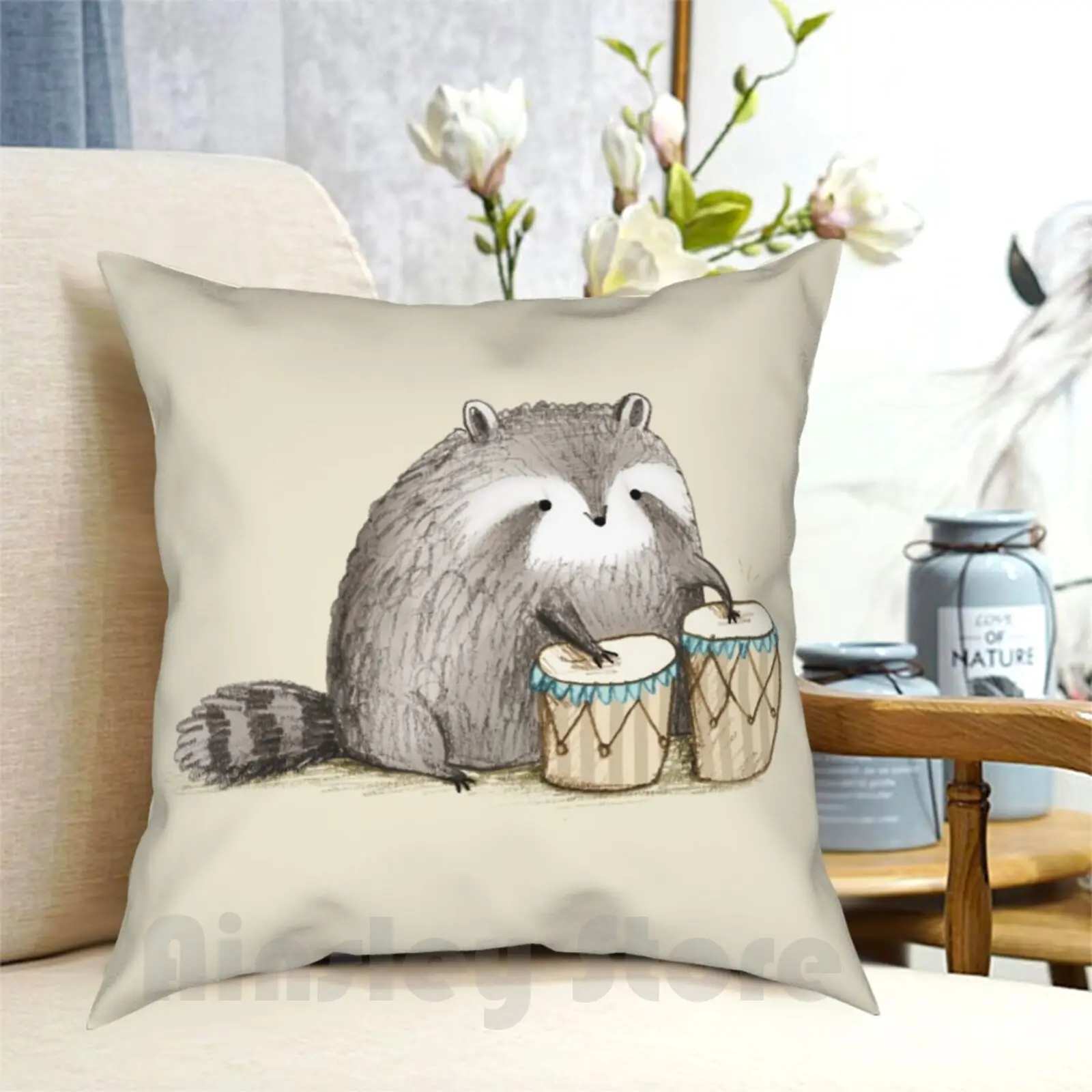 

Raccoon On Pillow Case Printed Home Soft DIY Pillow Cover Raccoon Drum Animal Forest Woodland Cute Music Percussion Drummer
