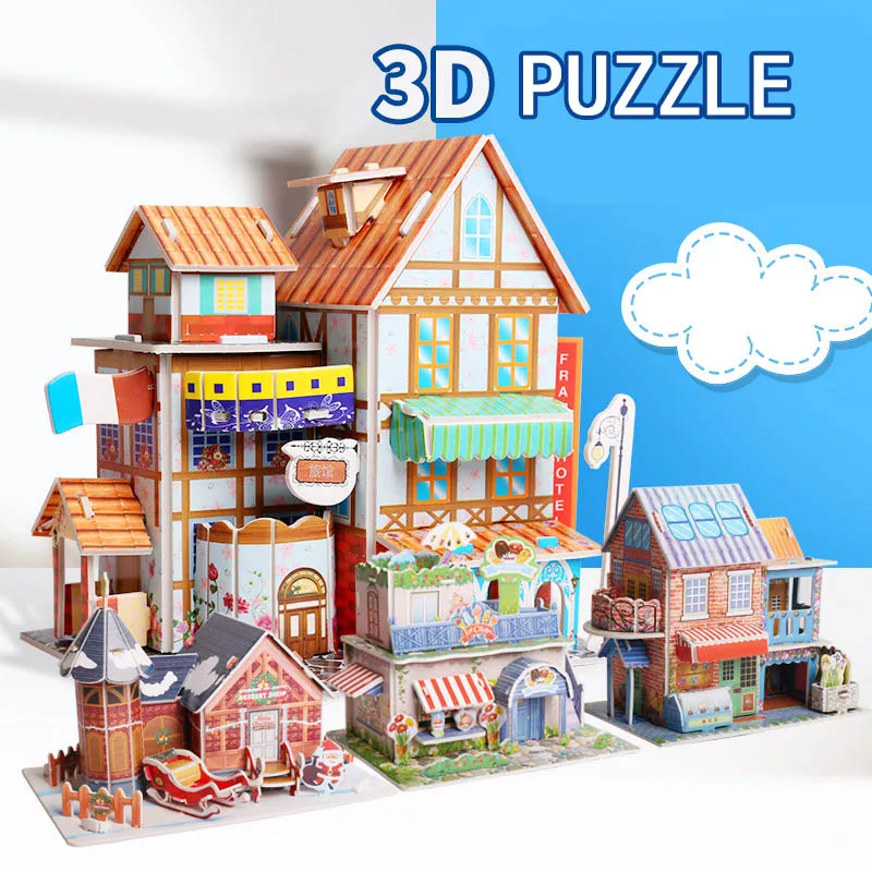 Kids 3D Stereo Puzzle Cartoon House Castle Building Model DIY Handmade Early Learning Educational Toys Gift for Children