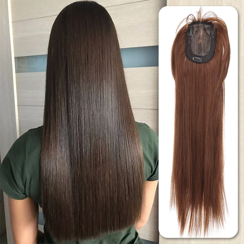 Synthetische Topper Voor Vrouwen 60 Cm Rechte Natuurlijke Kleur Hair Extensions Neat Bangs Fringe Cilp-Op Haar Hoofd coverer