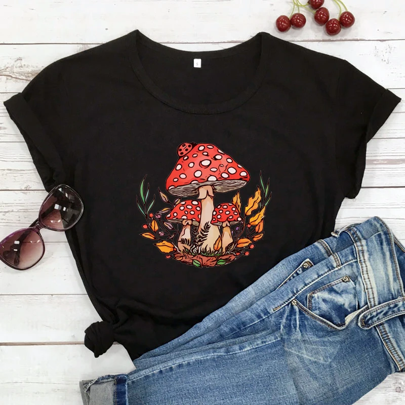 Colored Wild Mushroom 100% Cotton T-shirt Aesthetic Mycology Plant Tshirt Women Cottagecore Vegan Top Tee Shirt