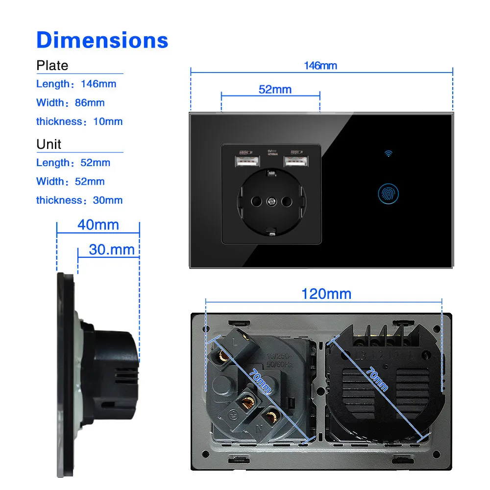 Szaoju EU Wifi Touch Switch Power Socket With USB Tuya Smart Life Home Control LED Crystal Glass Panel Alexa Home Assistant