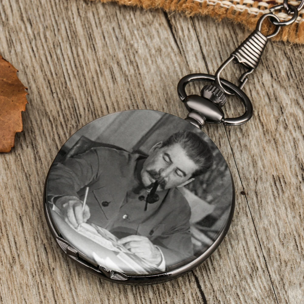 Men\'s Pocket Watch Soviet Hero Portrait of Stalin of Russia\'s Leader Quartz Watch Chain Pendant Fob Art Collectibles Hour Gifts