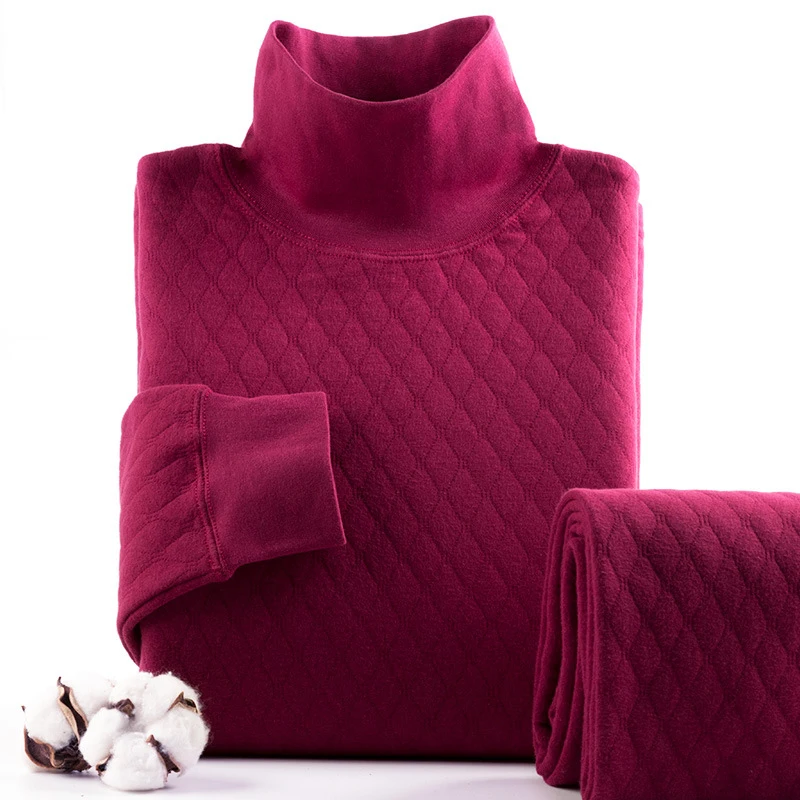 Turtleneck Thermal Underwear Suit Women Thicken Cotton Three-Layer Sweater+pants 2 pieces set long johns warm thermal body suit