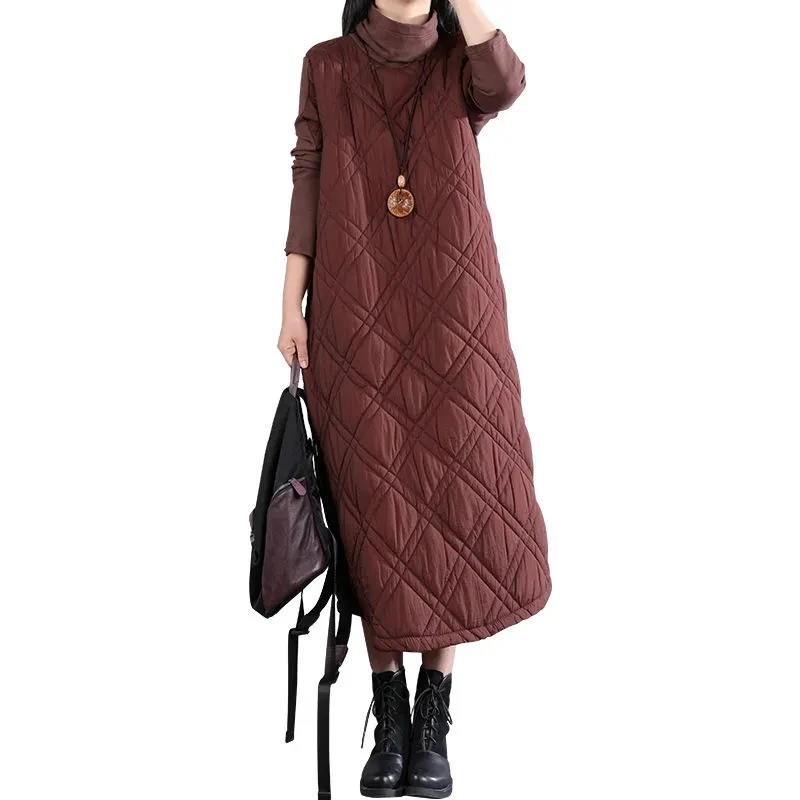 Autumn Winter New Fashion Style Literary Mid-Length Thickened Knee-Length Dress Quilted Outer Wear Cotton Coat Women Trend M310