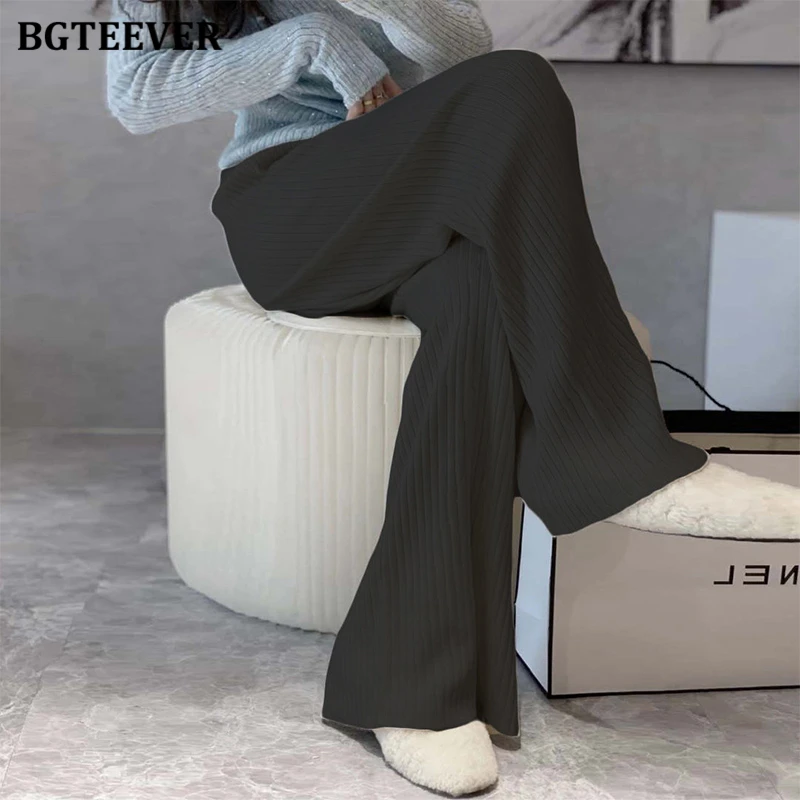 BGTEEVER Elegant Ladies Wide Leg Knitted Pants 2021 Autumn Winter Pantalon Elastic Waist Loose Thick Women Sweater Trousers