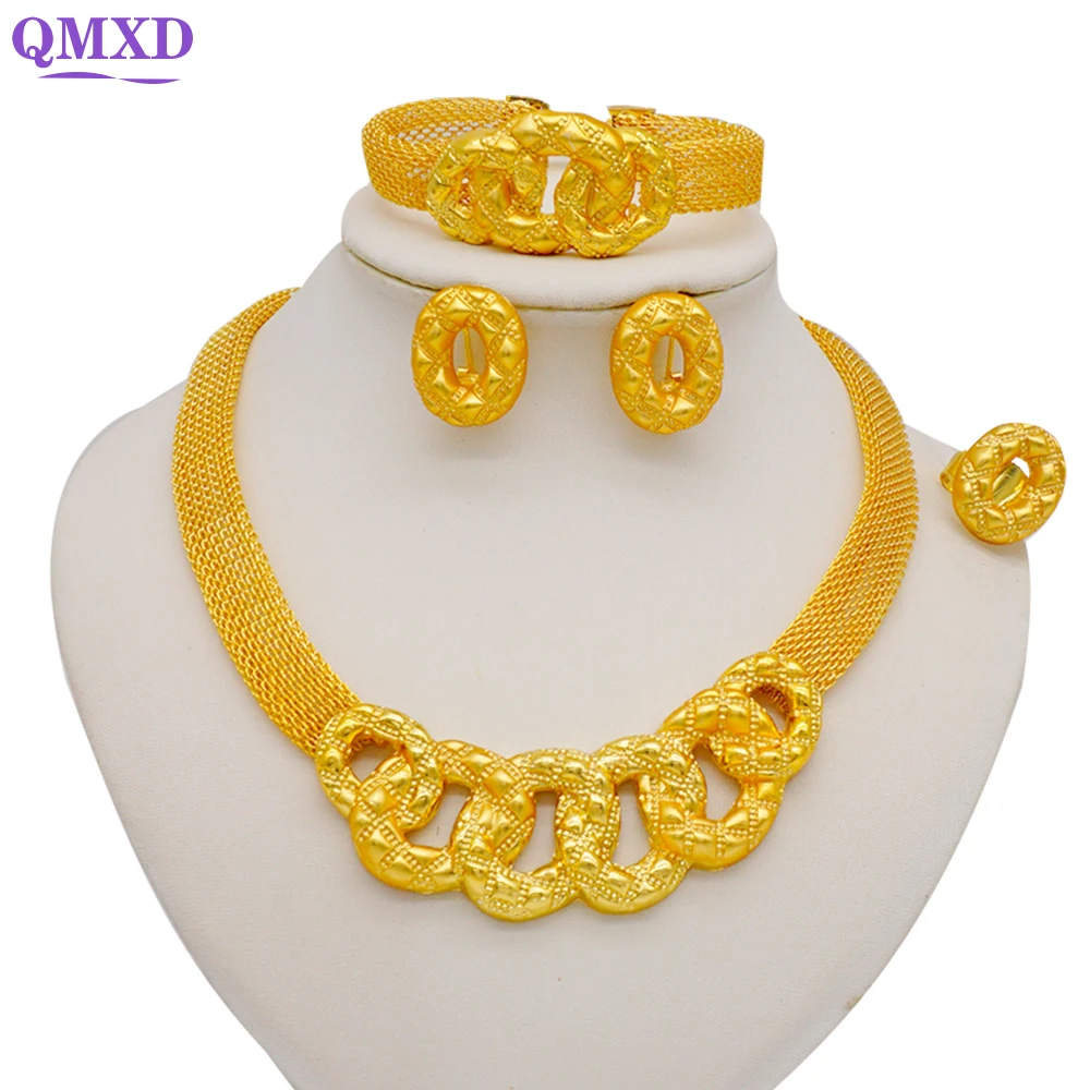 

Fashion African Gold Color Jewelry Sets For Women Bridal Luxury Necklace Earrings Bracelet Ring Set Dubai African Wedding Gifts