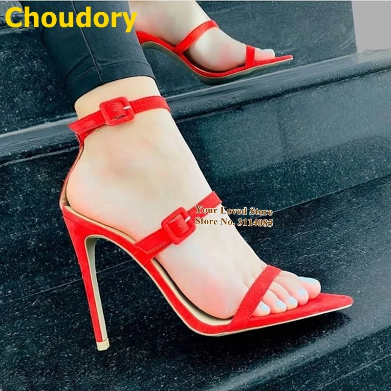 Choudory Red Suede Square Buckle Strap Sandals Thin High Heels Dress Shoes Bride Pumps Concise Summer Sandals Dropship Size47