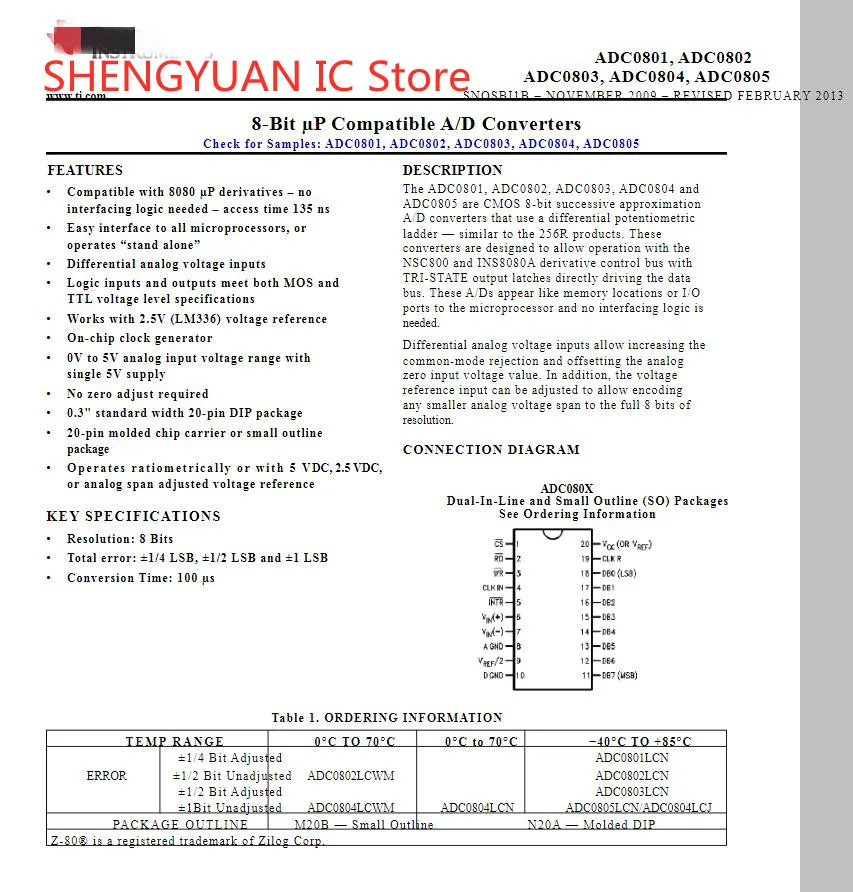 2 pcs/lot ADC0801LCN DIP-20 ADC0801 8-Bit muP Compatible A/D Converters 100% new imported original 100% quality