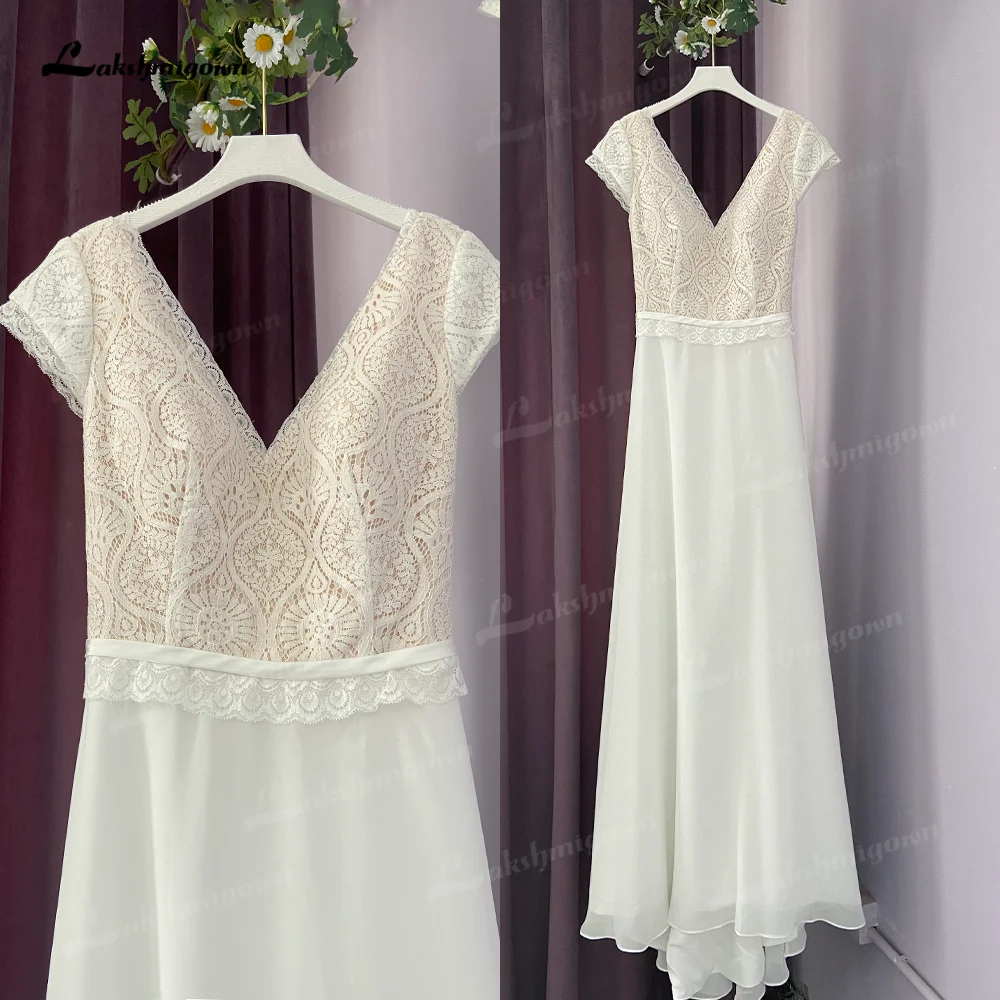 Real Picture Beach Lace Wedding Dresses V Neck Bohemian Simple Chiffon Bridal Gown Bride To Be vestido de novia con manga corta