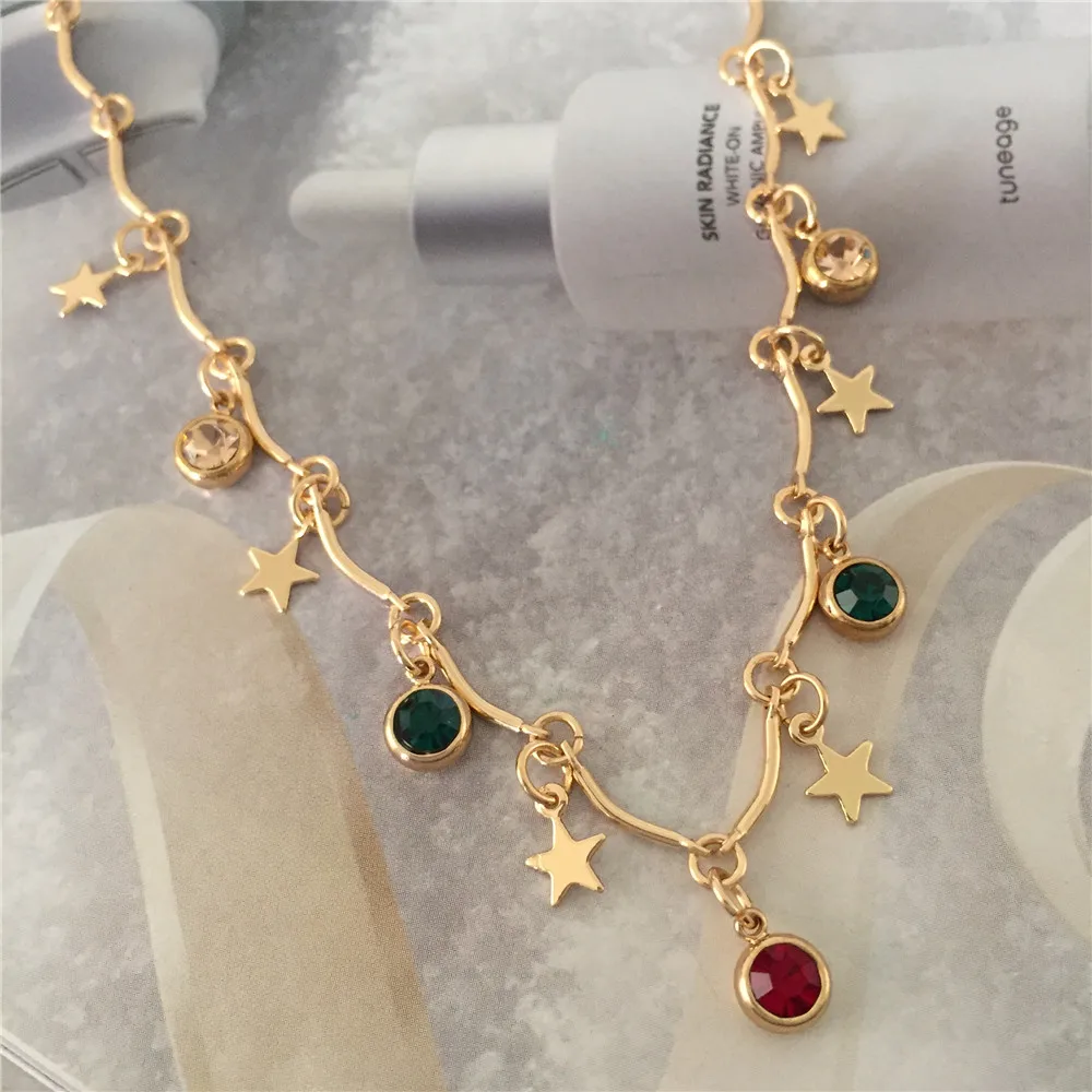 New Fashion Summer Boho Gold Color Linked Stick Chain with Colorful Acrylic Gold Color Star Charm Chocker Necklace