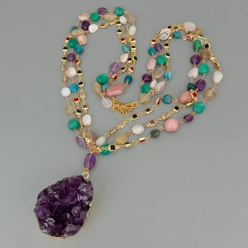 Y·YING Natural Multi Semiprecious Quartzs Rosary Chain Necklace Amethysts Druzy Pendant 23\