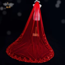 TOPQUEEN V86 Longo 3m Catedral Casamento Véus de Tule Com Paetês Bordados Véu De Noiva Com Pente Vermelho Brilhante Véu de Noiva Para A Noiva