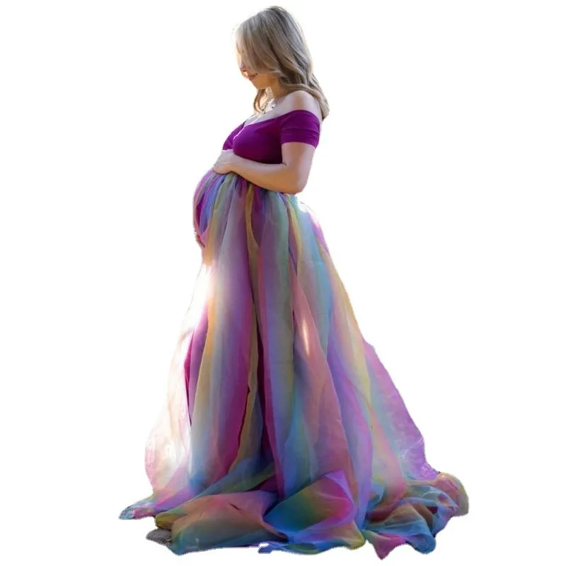 Spring/Summer Women\'s Maternity Rainbow Mesh Dress Long Skirt Sweet Dress for Pregnant Women\'s Photo-taking Commemorative