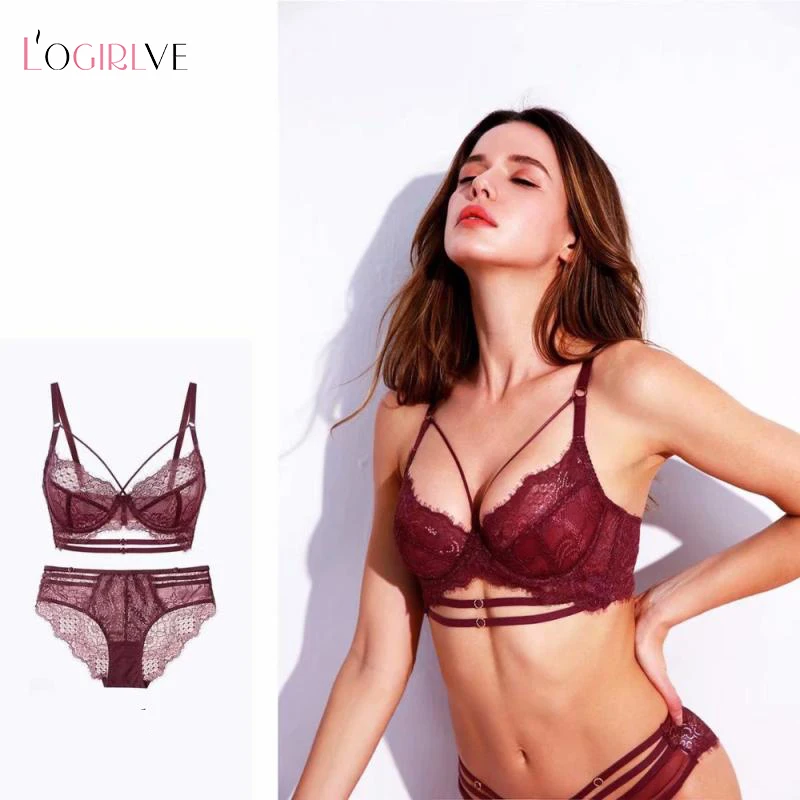 Logirlve Sexy Classic Bandage Bra Set Lingerie Push Up Brassiere Transparent Panties For Women underwear Lace Underwear Set