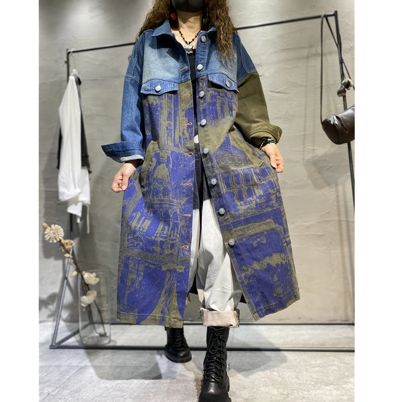 Max LuLu British New 2021 Denim Printed Trench Women Buttons Loose Long Clothing Laides Harajuku Contrast Color Windbreakers