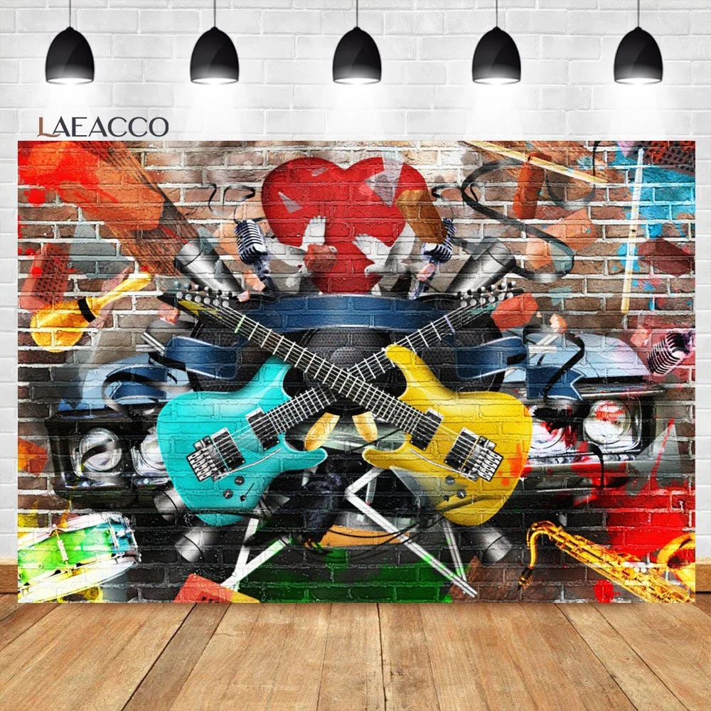 

Laeacco Brick Wall Photophone Graffiti Guitar Instrument Photography Backdrops Music Disco Party Photo Backgrounds Photo Studio