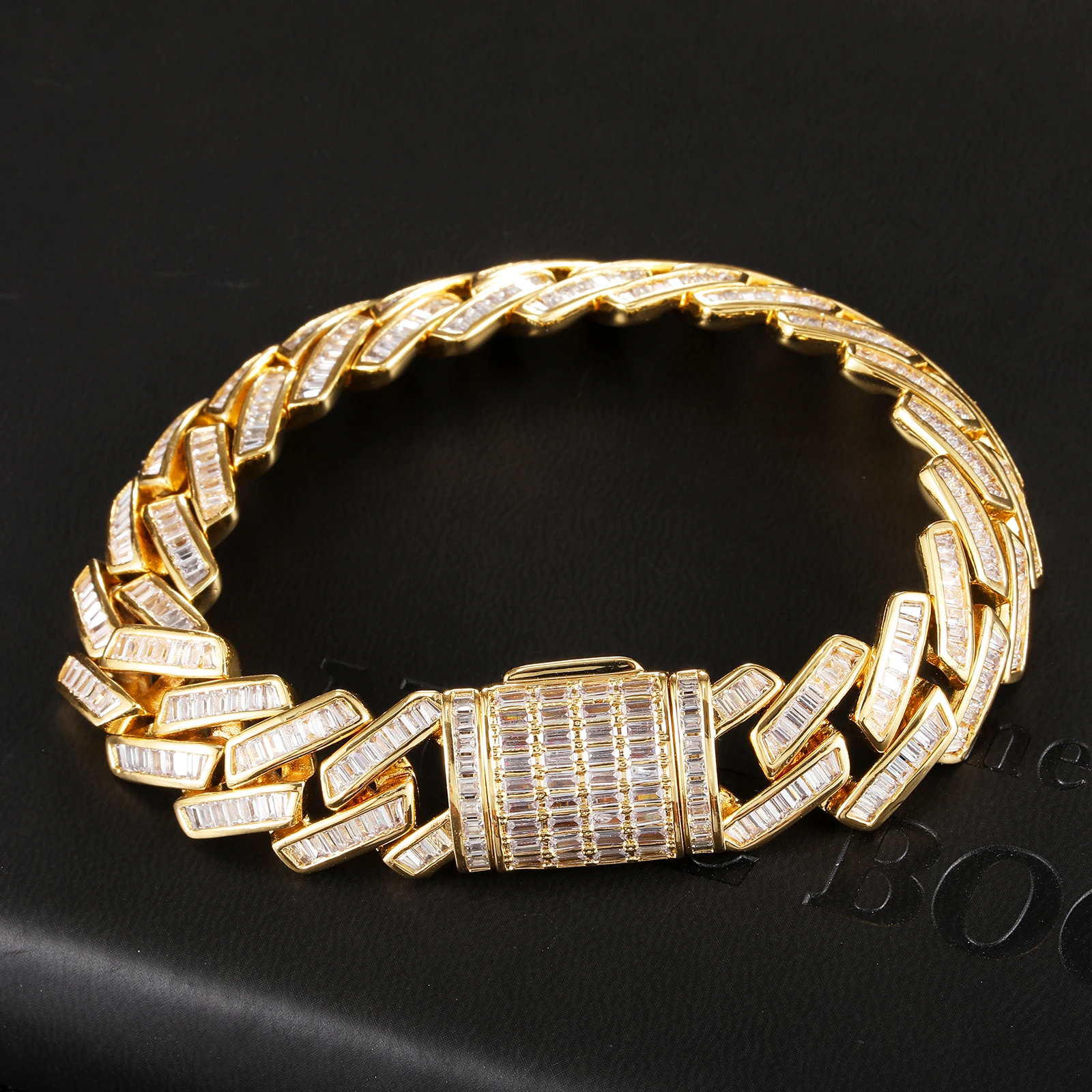 D&Z 2021 New 15mm Baguette Prong Cuban Link Bracelet Box Buckle Fashion 8inch Miami Cuban Chain Bracelets Hip Hop Jewelry