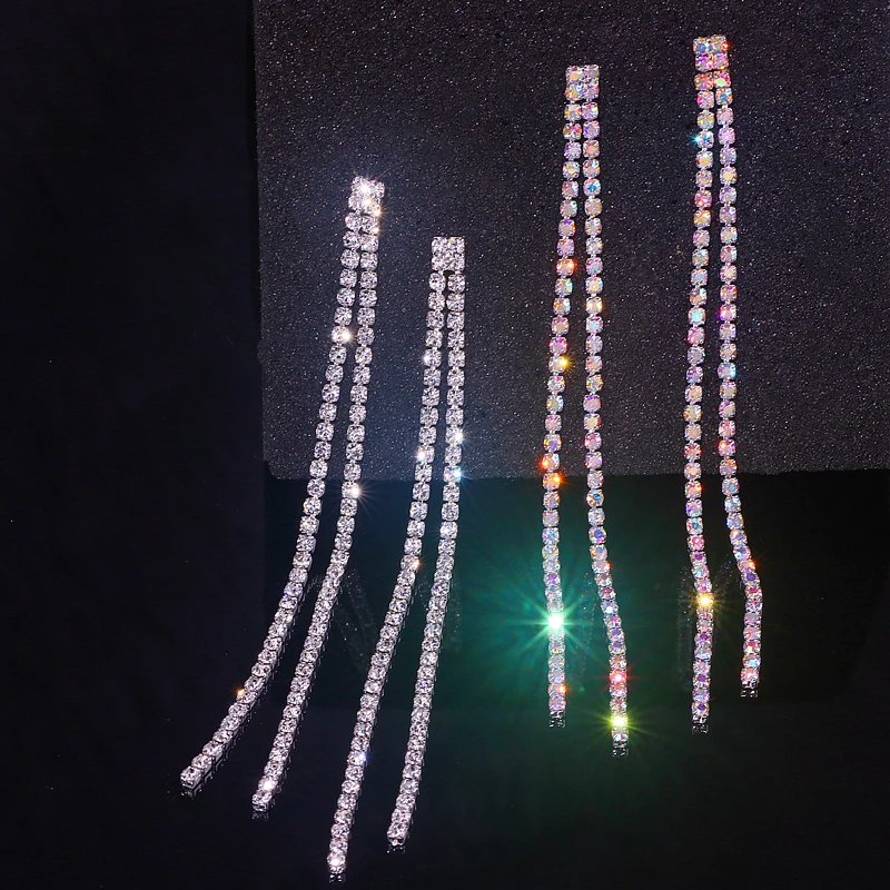 Luxury Long Tassel Full Rhinestone Drop Earrings for Women Bijoux Shiny Crystal Dangle Earring Wedding Party Jewelry Accessories