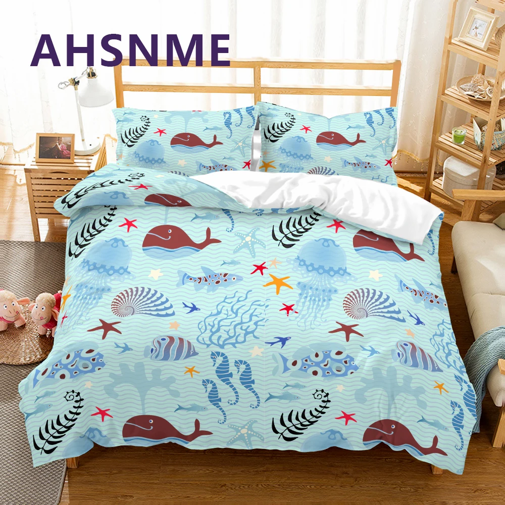 

AHSNME Blue Sea Duvet Cover Marine Life Bedding Set Kids Love Whale Fish Seahorse Quilt Cover Sets Jogo de Cama Freeshipping