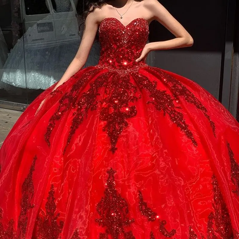 Foto reali abito Quinceanera in Organza rossa 2023 Applique con paillettes in rilievo Sweetheart Sweet 16 Dress abito da compleanno per ragazza messicana