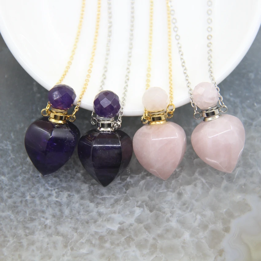 18x35mm Lantern Shaped Perfume Bottle Pendants Chains,Healing Rose Quartzs Amethysts Essential Oil Diffuser Vial Necklace Charms