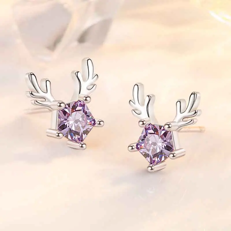 KOFSAC Fashion Mini Antlers Stud Earrings For Women 925 Sterling Silver Christmas Jewelry Shiny Crystal White Pentagonal Earring