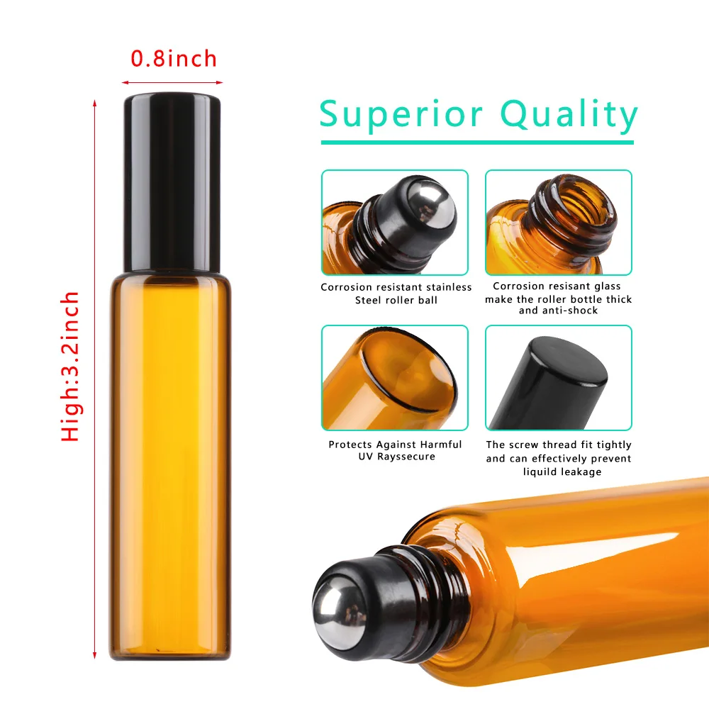 1/2/3/5/10ml Amber Empty Essential Oil Glass Bottle Refillable Perfume Roller Ball Portable Home Travel Liquid Container Tools