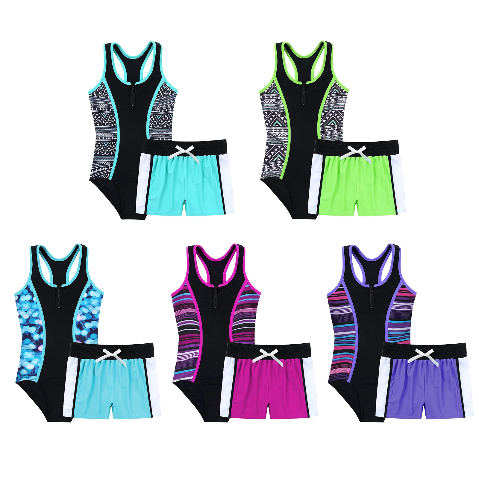 

2Pcs Kids Girls Swimming Suit Summer One-piece Sleeveless Zipper Racer Back Jumpsuit+Boyshorts Set Swimwear Beach Bathing Suits