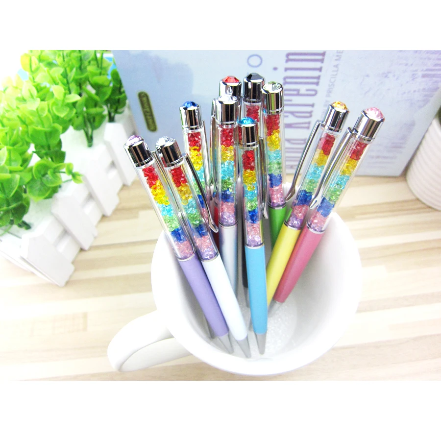 100Pcs Rainbow Crystal Diamond Roller Ballpoint Pen Stationery Novelty Gift Office Material School Supplies Custom Logo Name