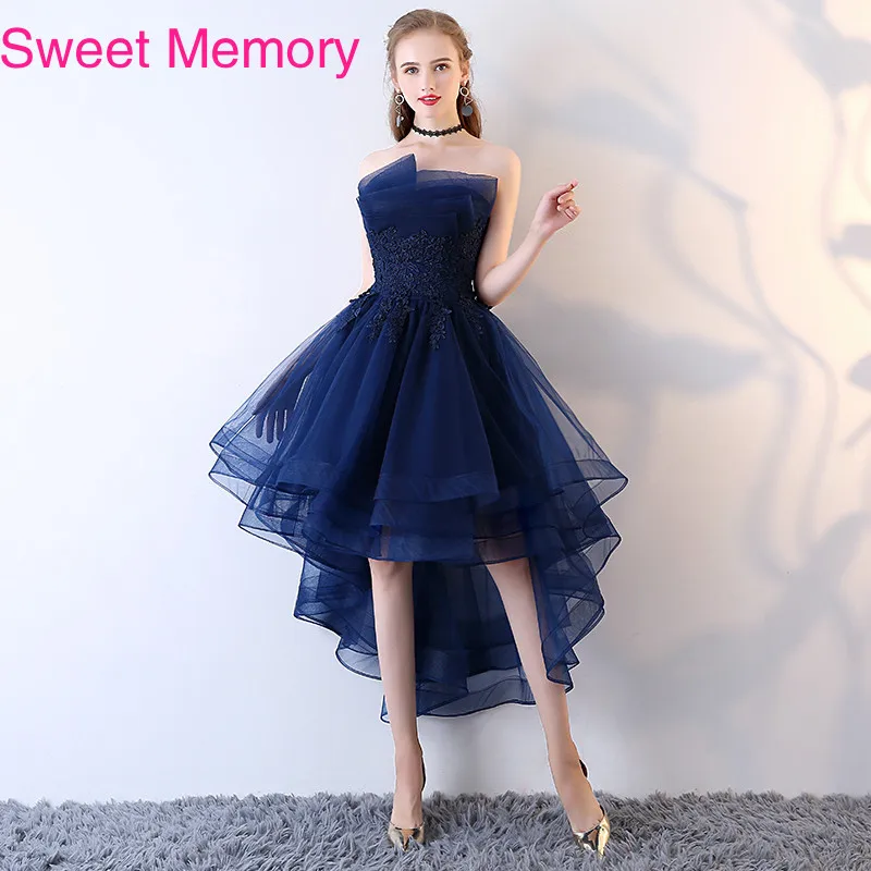 11 colori Sweet Memory High Low abito da sera blu Navy senza spalline verde rosso nero abiti da festa Lace Up Applique Vestidos