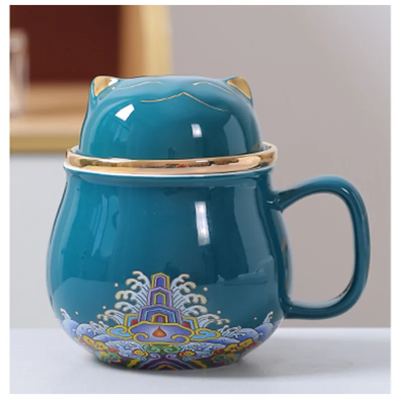 NONE Chinesische Cartoon Keramik Katze Becher Büro Teetasse mit Abdeckung getrennt Teetasse für Tee Geschenk Tasse 320 ml, 1 Stück 8