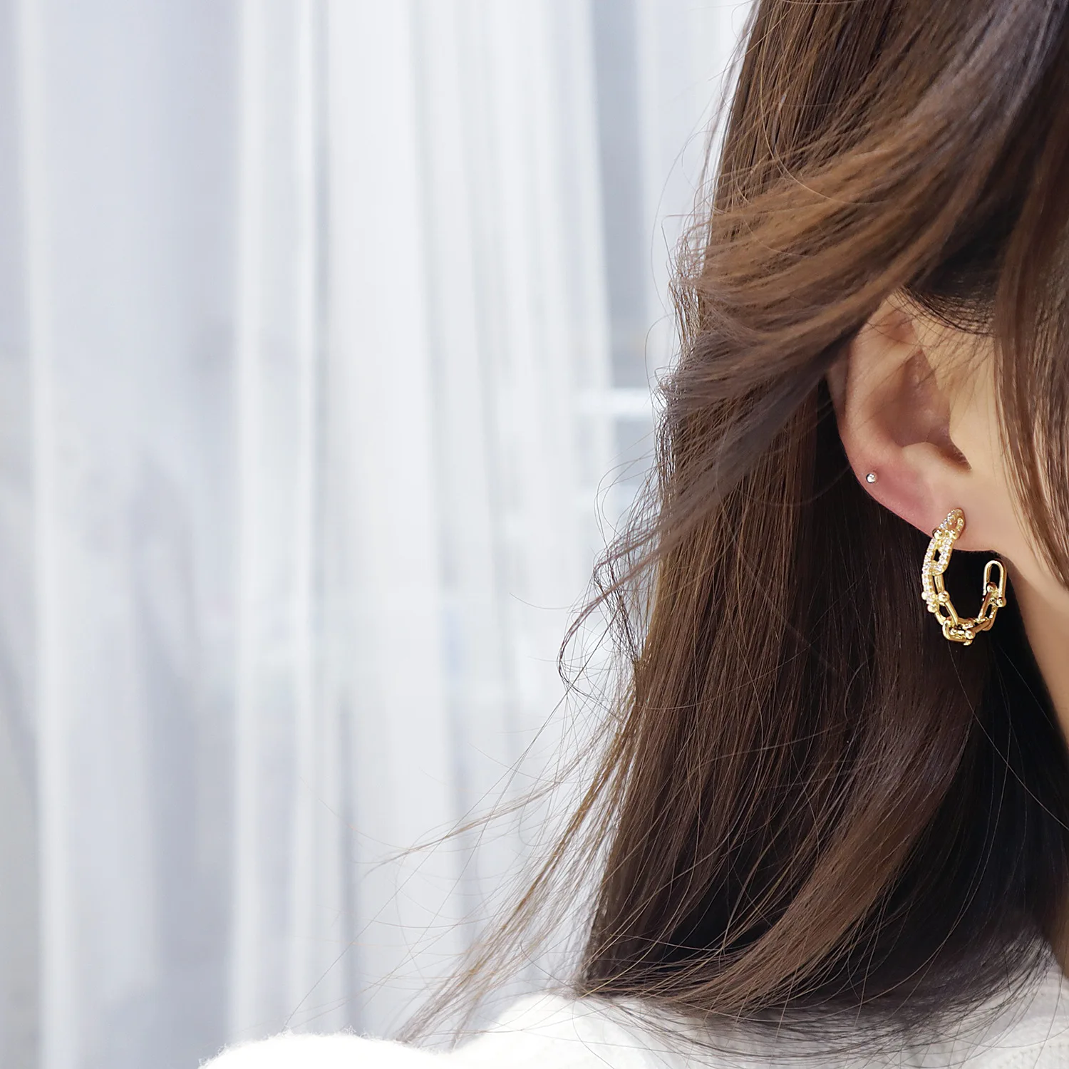 Korea New Fashion Jewelry 14K Real Gold AAA Zircon hoop Earrings Generous C-shaped Chain Hollow Women's Daily All-match Earrings