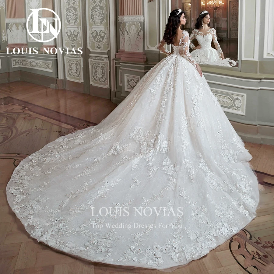 LOUIS NOVIAS Baljurk Trouwjurken Voor Vrouwen Sexy Prinses Lange Mouw Bruid Jurk 3D Bloemen Trouwjurk Vestidos De Novia