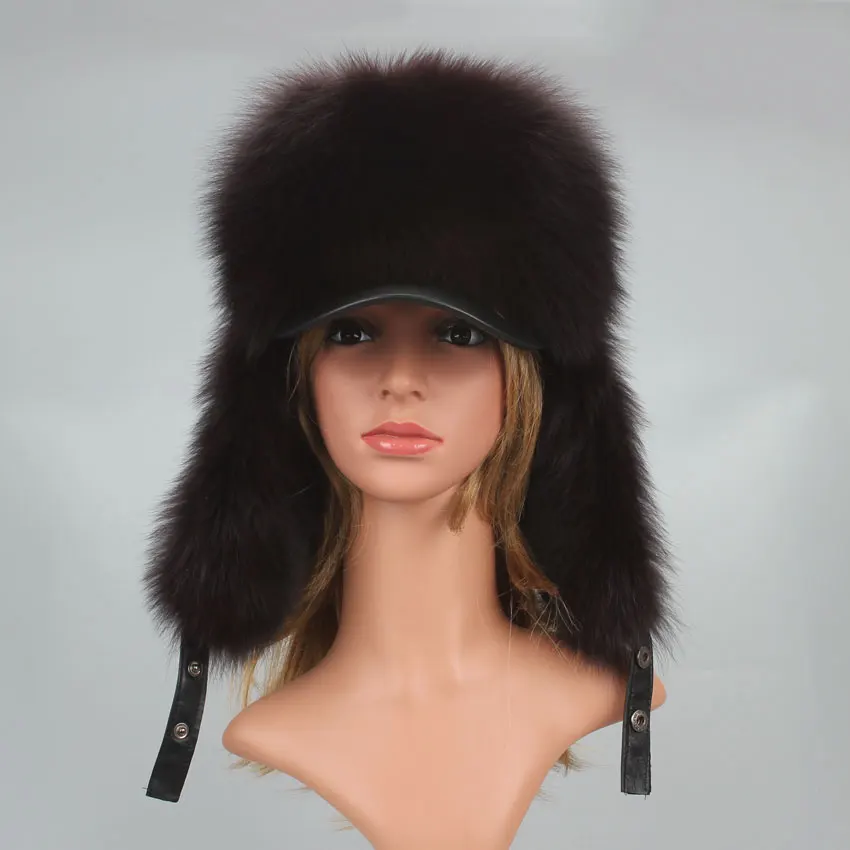 Genuine Silver Fox Fur Hat with Ear Flaps Real Natural Fur Caps