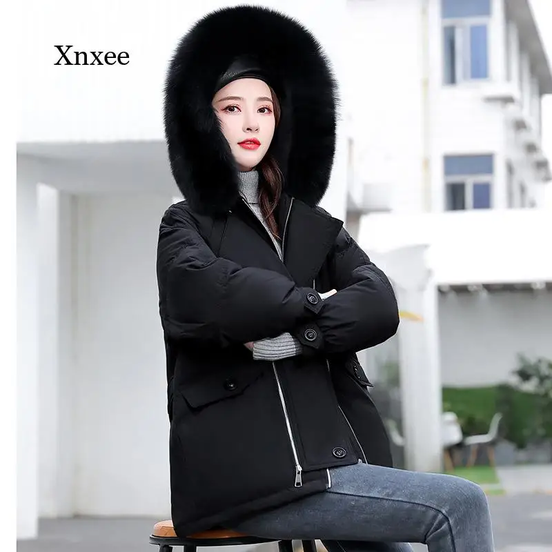 Winter New Style Cotton Jacket Fashion Solid Color Warmth Thick Hooded Fur Hat Women Pocket Jacket