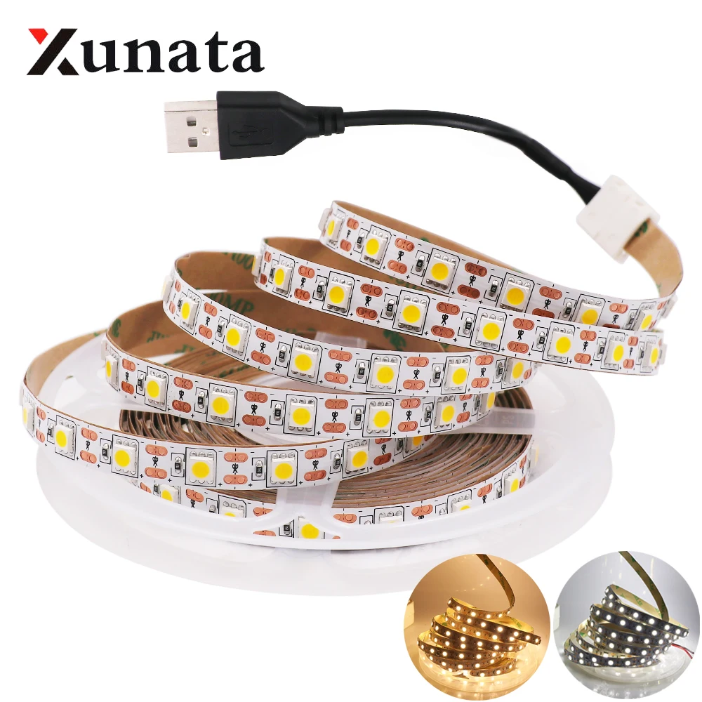 DC 5V USB LED Strip White Warm White 60Leds/m Led Light Strip Lamp 5050 Flexible Led Strip Light 0.5m 1m 2m 3m 4m 5m