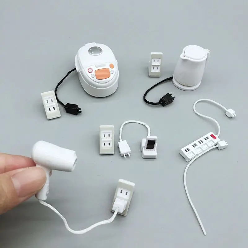 1 Set 1/12 Scale Miniature Dollhouse Kitchenware Socket Charging Cable Rice Cooker Hair Dryer Model for Doll House Decor