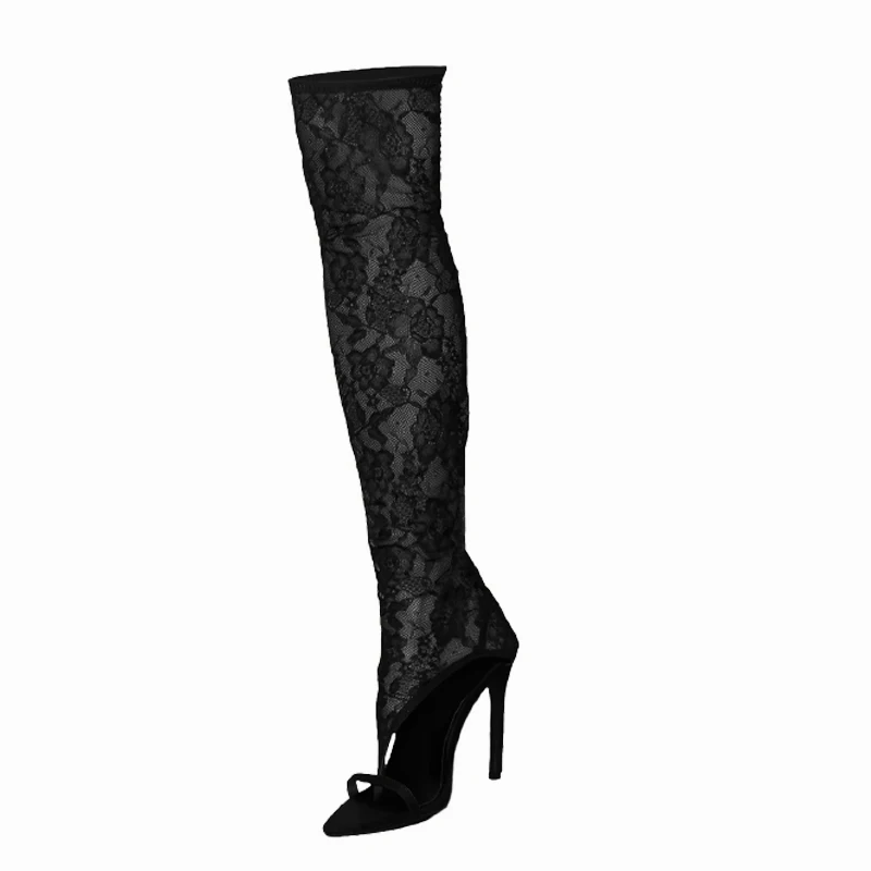 2022 Summer New Style Elastic Boots Stockings Over The Knee Boots Mesh Hollow Sexy Women Shoes Pointed Toe Stiletto Heel Boots