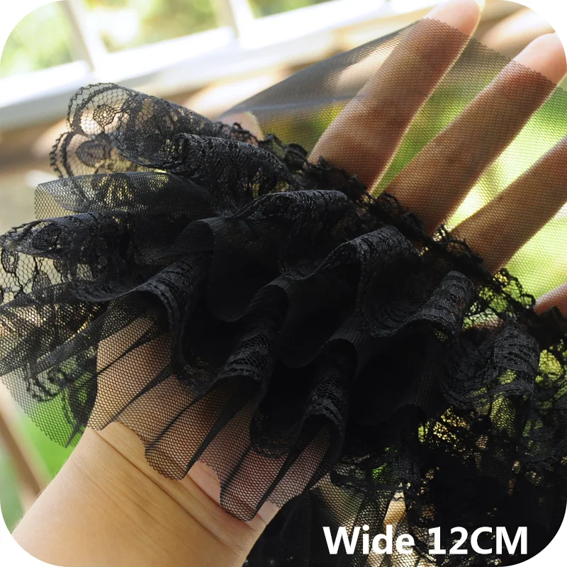 12CM Wide Four Layers White Black Tulle Mesh Embroidery Guipure Lace Ruffle Trim Princess Dolls Fluffy Dress Fringe Sewing Decor