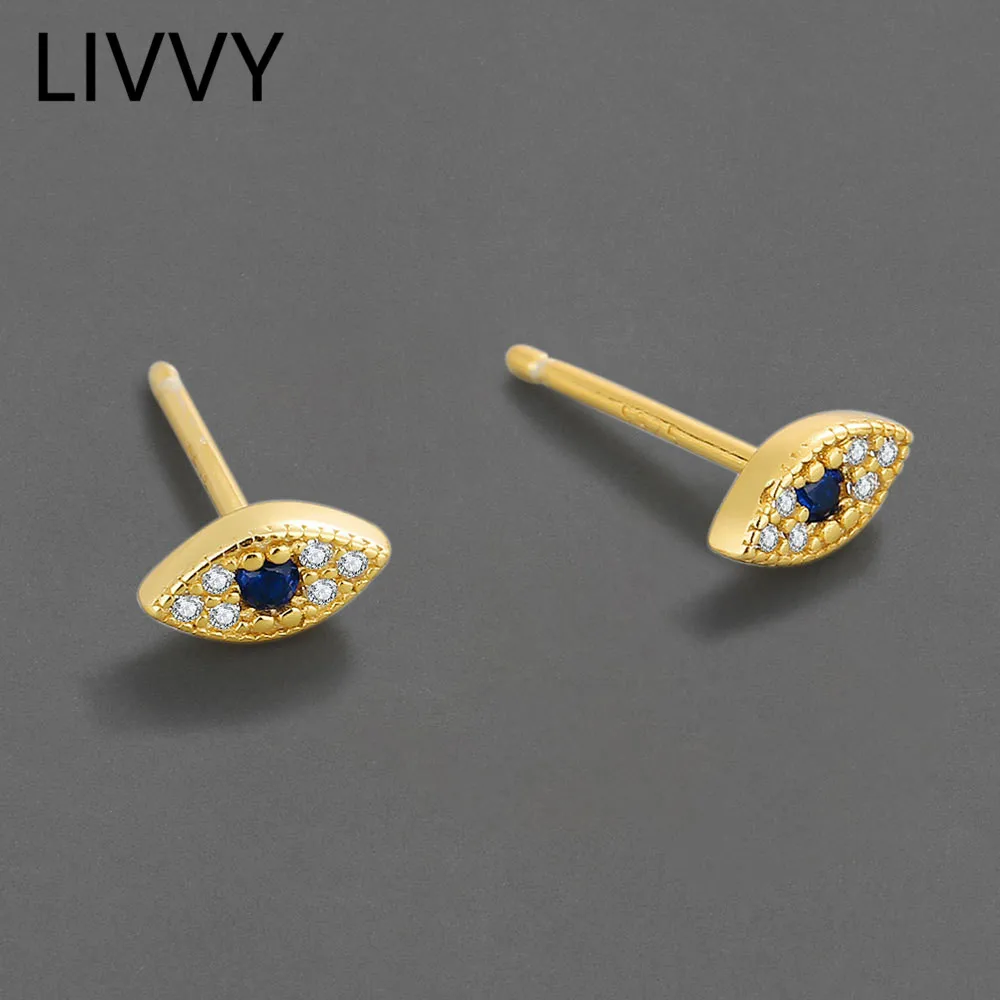 LIVVY-pendientes de tuerca con forma de ojos de demonio para mujer, aretes simples Punk de circonita azul, Color plateado, amuleto único, regalo de joyas de fiesta