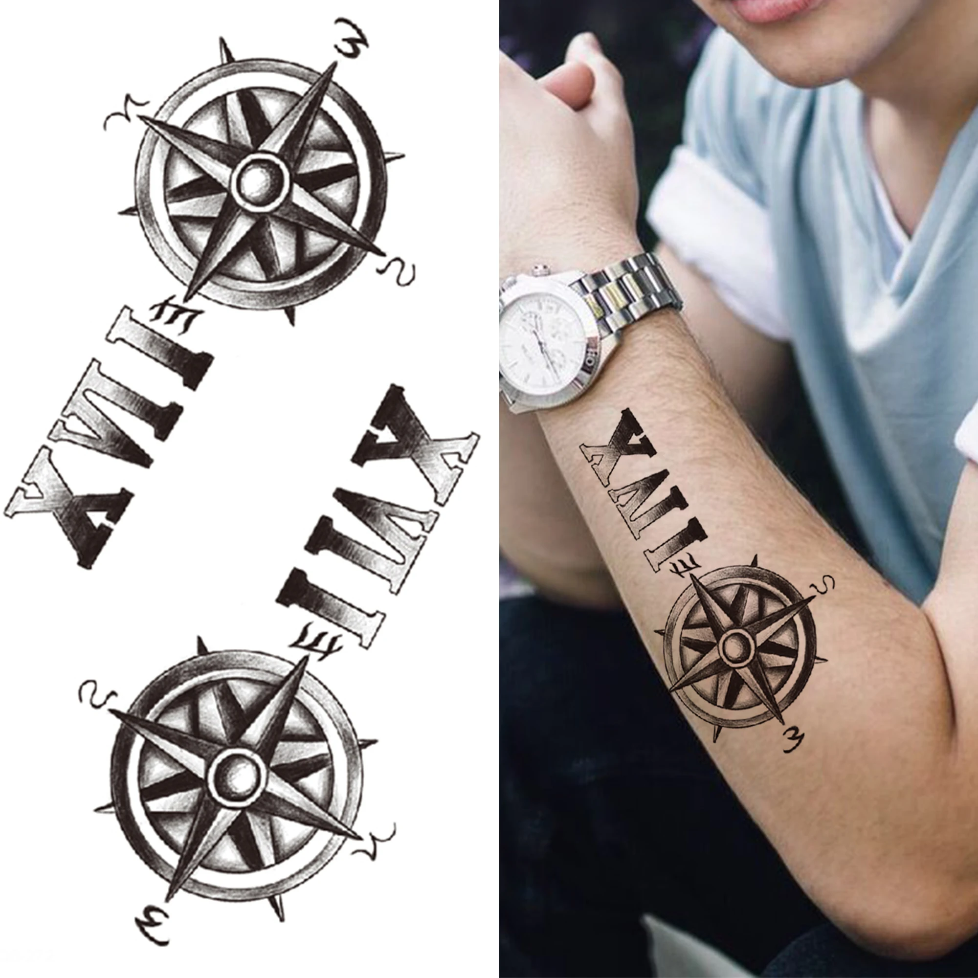 Compass Lettering Temporary Tattoos For Men Women Adult Black Wolf Arrow Flower Tattoo Sticker Fake Life Tree Body Art Tatoos