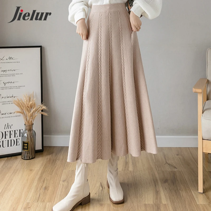 Jielur New Korean Knitted Skirt Female High Street Fashion Thick Coffee Black Pleated Skirts Warm Autumn Winter Women Long Skirt