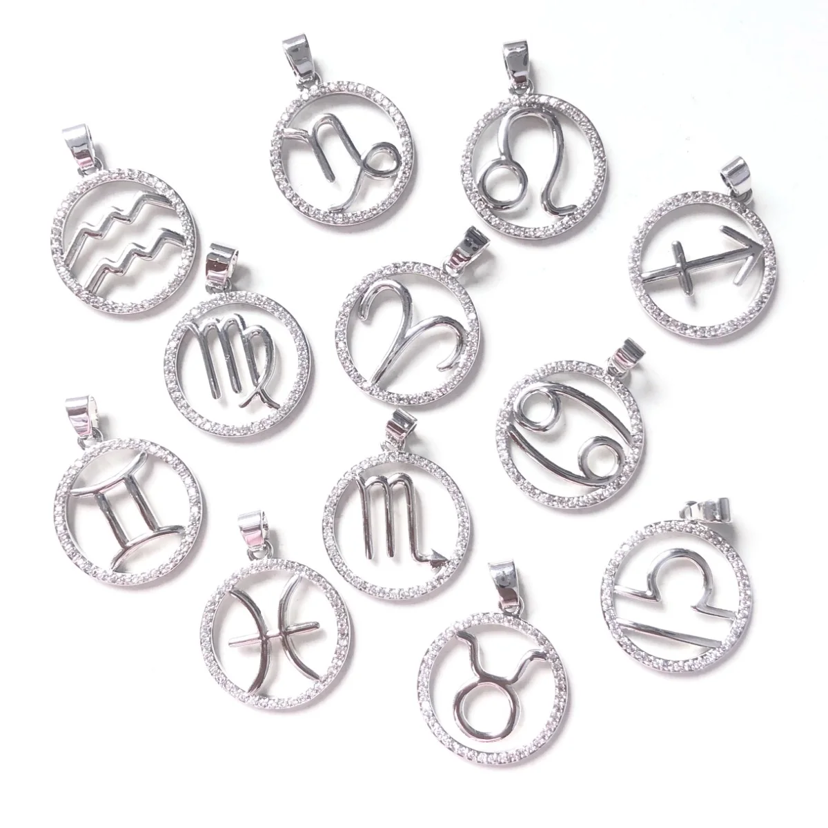 12pcs Cubic Zirconia Paved Round Zodiac Signs 12 Constellation Charms Pendants for Women Bracelet Girl Necklace Making Wholesale
