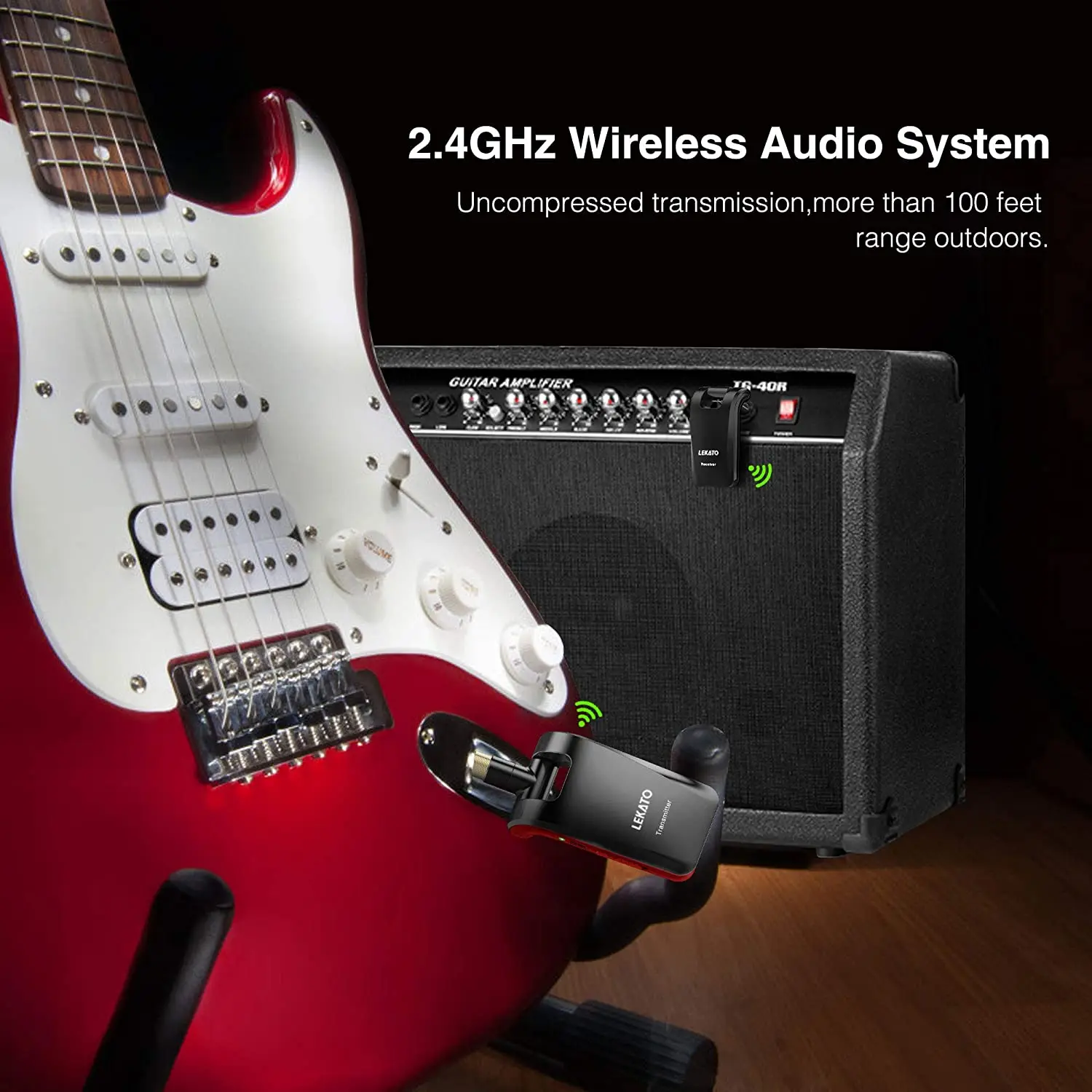 Lekato Wireless Guitar System Built-In Rechargeable Guitar Wireless System Transmitter Receiver 2.4Ghz 2 In 1 Plugs 6 Channels